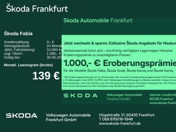 Skoda Leasingangebot: Skoda Fabia Essence 1,0 TSI 70 kW 5-Gang-Schaltgetrieb