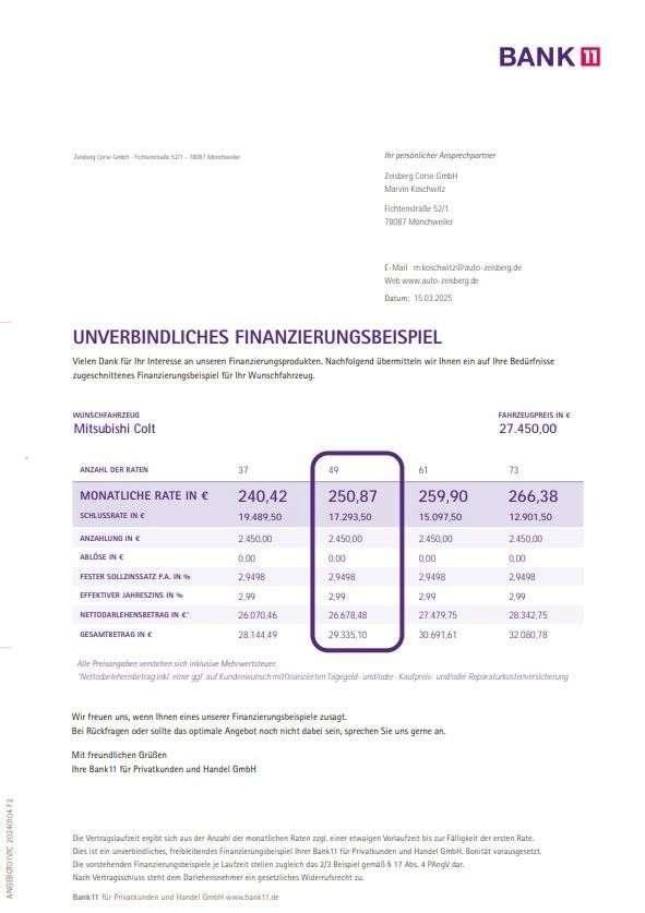 Fahrzeugabbildung Mitsubishi Colt MY25 1.6 Benziner Hybrid SELECT Auto LED