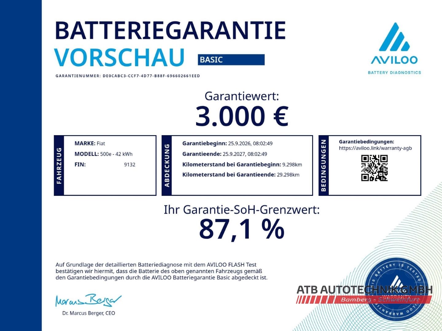 Fahrzeugabbildung Fiat 500e Cabrio 42kWh SOH 95,7% Komfort- und Stylepa