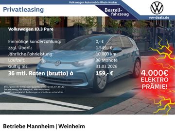 Volkswagen Leasingangebot: Volkswagen ID.3 Pure € 4000.- Elektroprämie als Anzahlung !