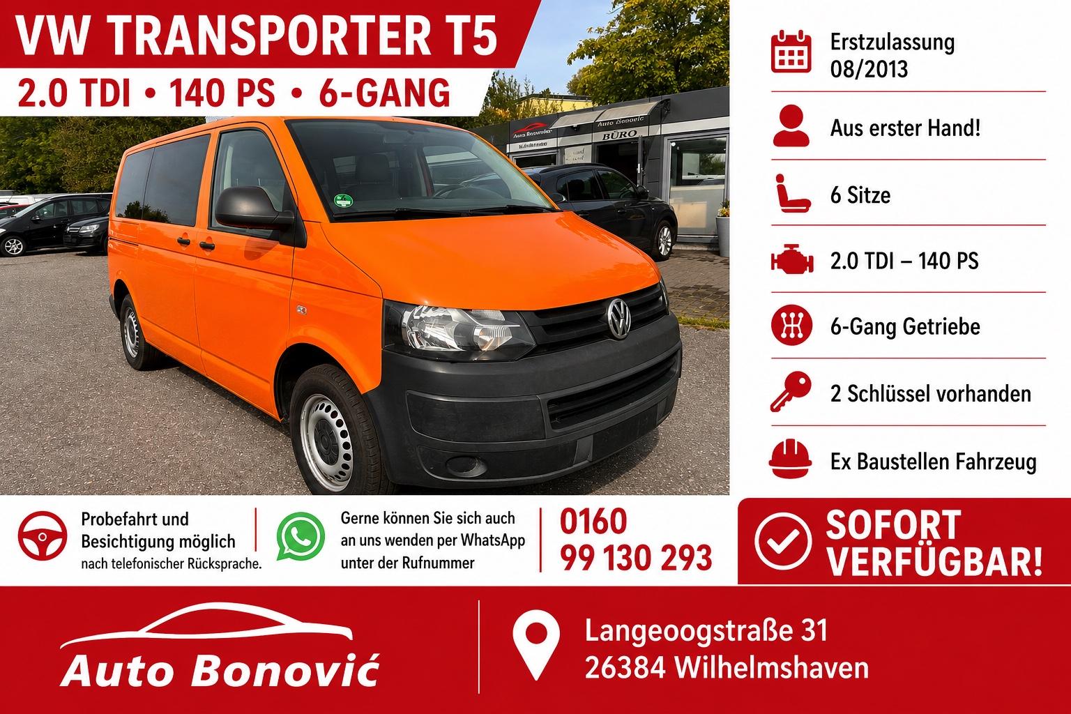 Volkswagen T5 Transporter 6 Sitzer OHNE KLIMA / NO AC !