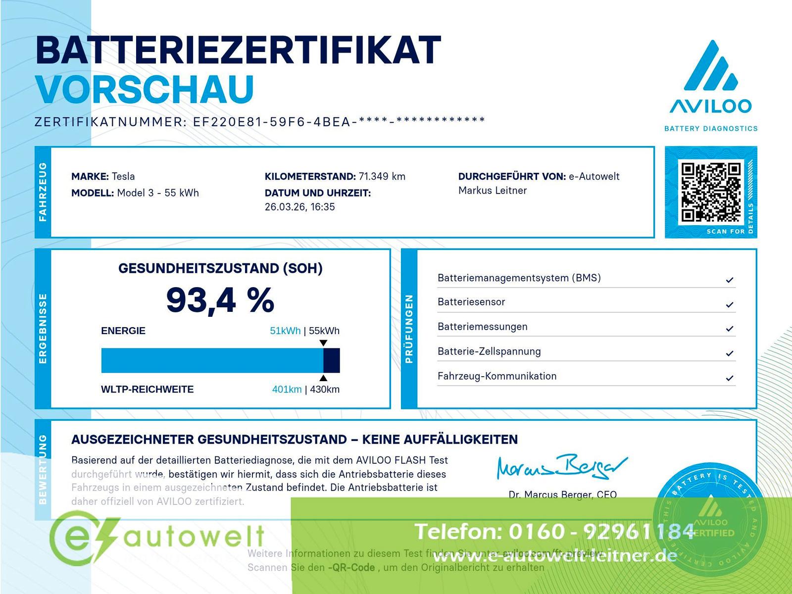 Tesla Model 3 55kWh SR+ AHK abnehmbar Mwst. LFP