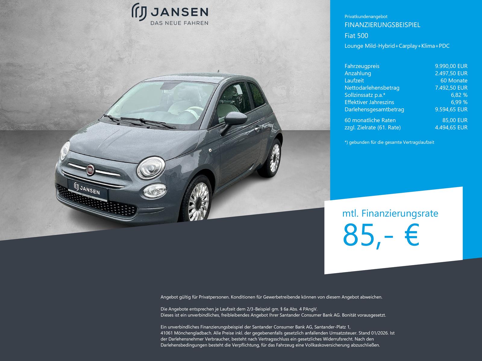 Fiat 500 Lounge Mild-Hybrid+Carplay+Klima+PDC