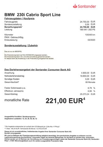 Fahrzeugabbildung BMW 230i Cabrio Sport Line>Sport AUT/Sport-Line/LED<